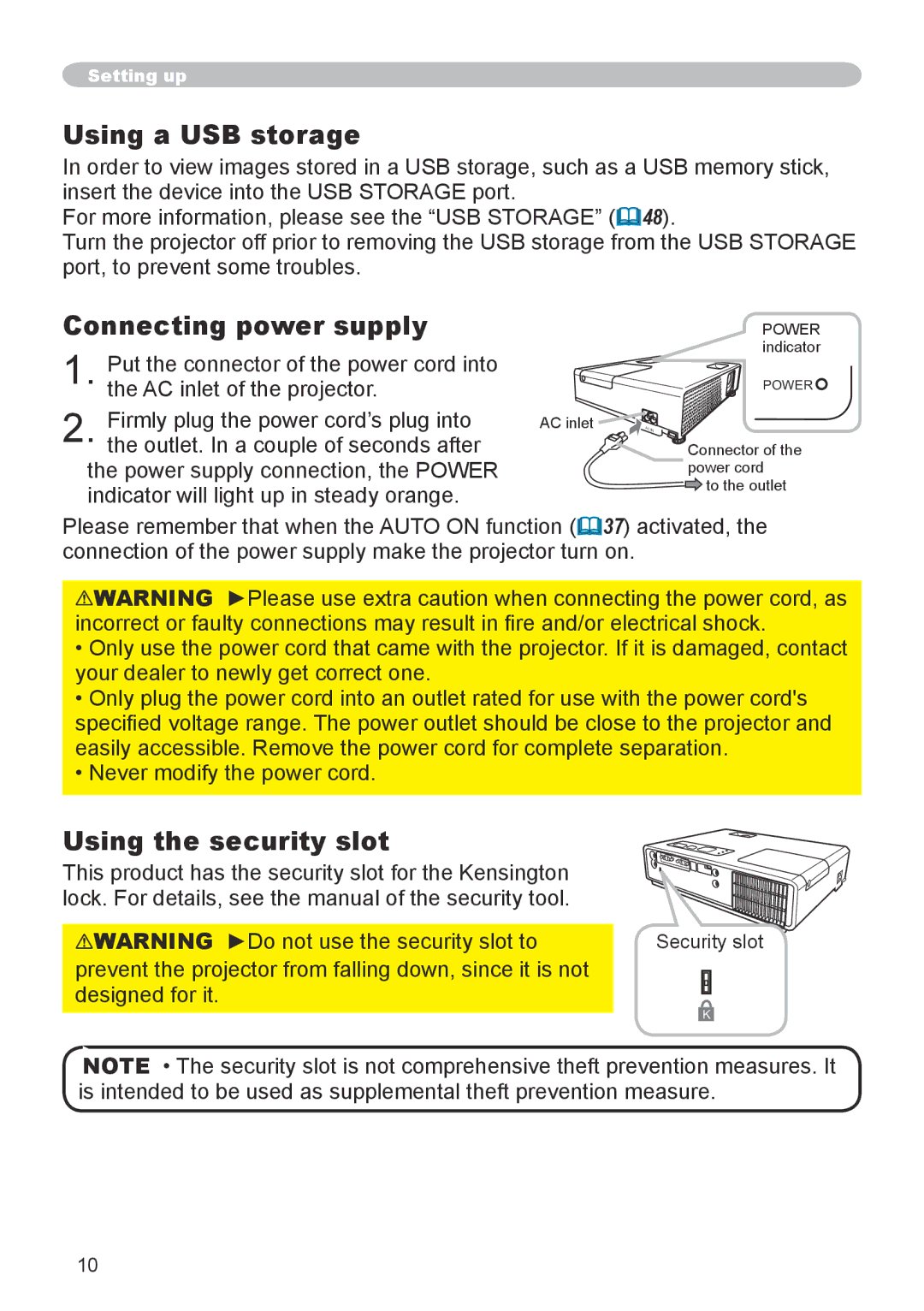 3M X20 manual Using a USB storage, Connecting power supply, Using the security slot, Security slot 