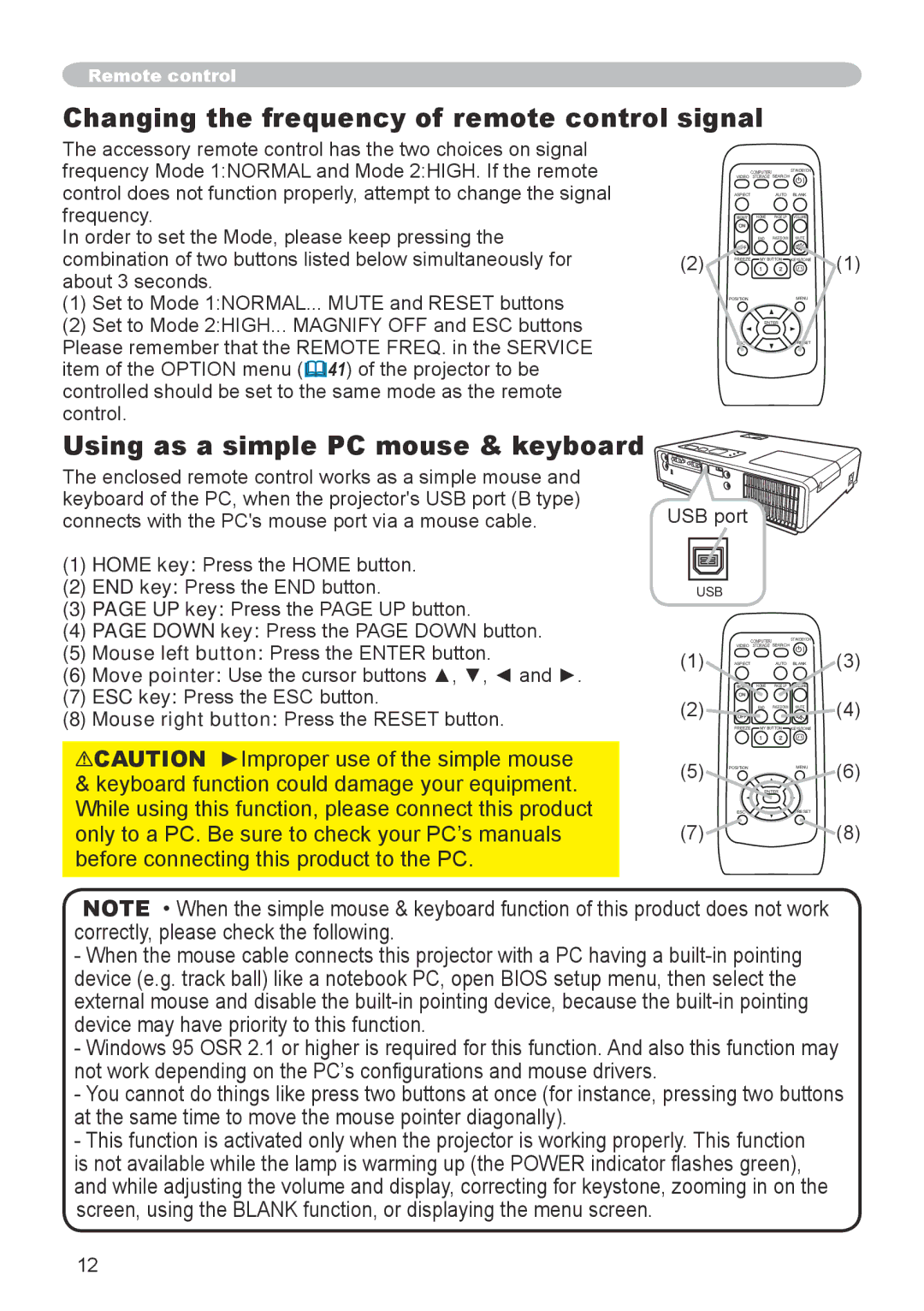 3M X20 manual Changing the frequency of remote control signal, Using as a simple PC mouse & keyboard 