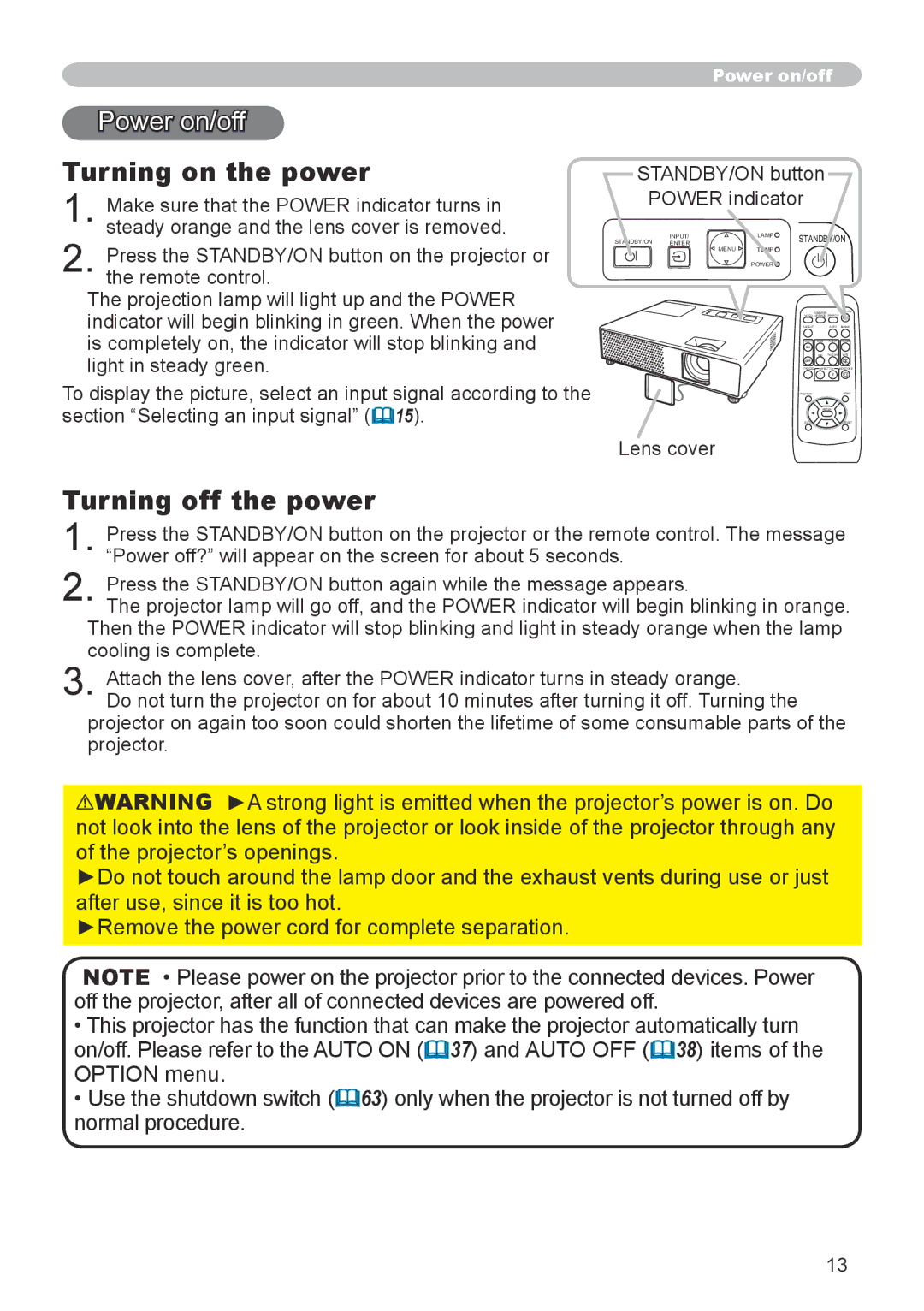 3M X20 manual Power on/off, Turning on the power, Turning off the power, STANDBY/ON button Power indicator, Lens cover 