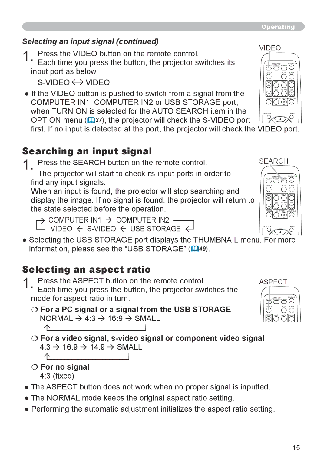 3M X20 manual Searching an input signal, Selecting an aspect ratio, Selecting an input signal,  For no signal 