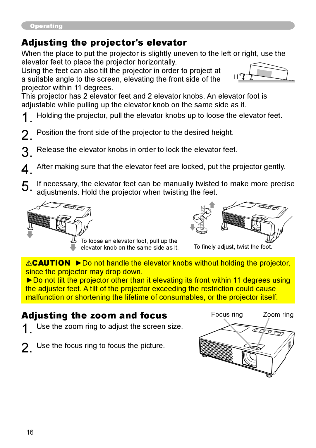 3M X20 manual Adjusting the projectors elevator, Adjusting the zoom and focus, Focus ring 