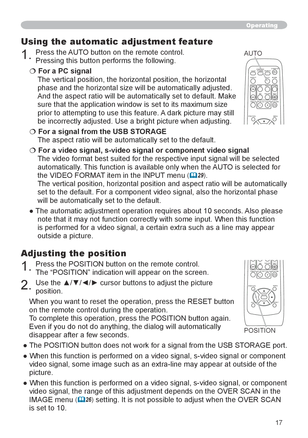 3M X20 manual Using the automatic adjustment feature, Adjusting the position,  For a PC signal 