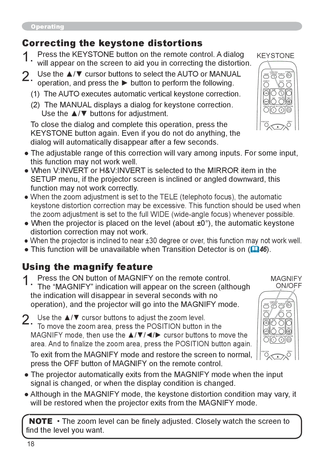 3M X20 manual Correcting the keystone distortions, Using the magnify feature 