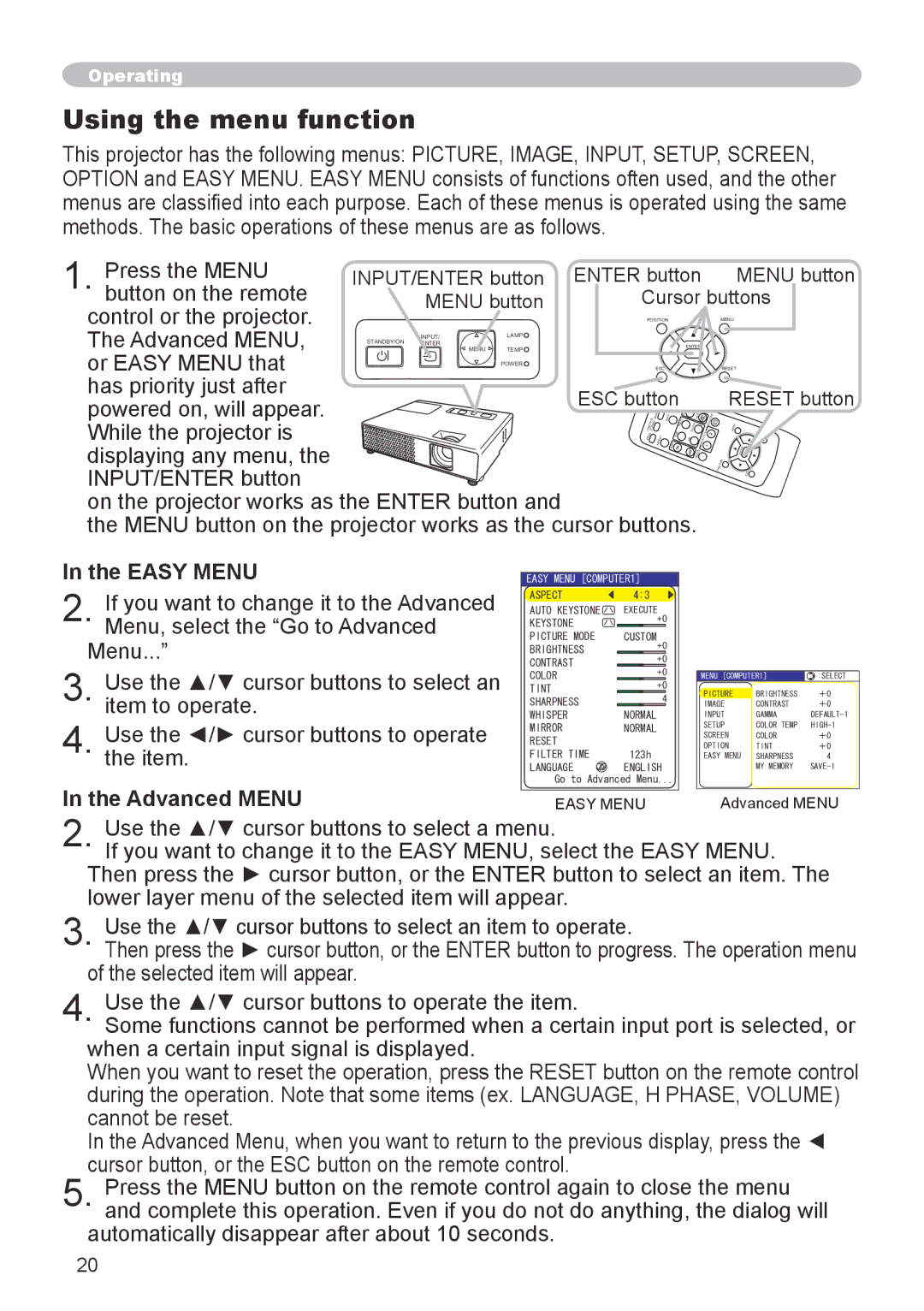 3M X20 manual Using the menu function, Easy Menu, Advanced Menu 