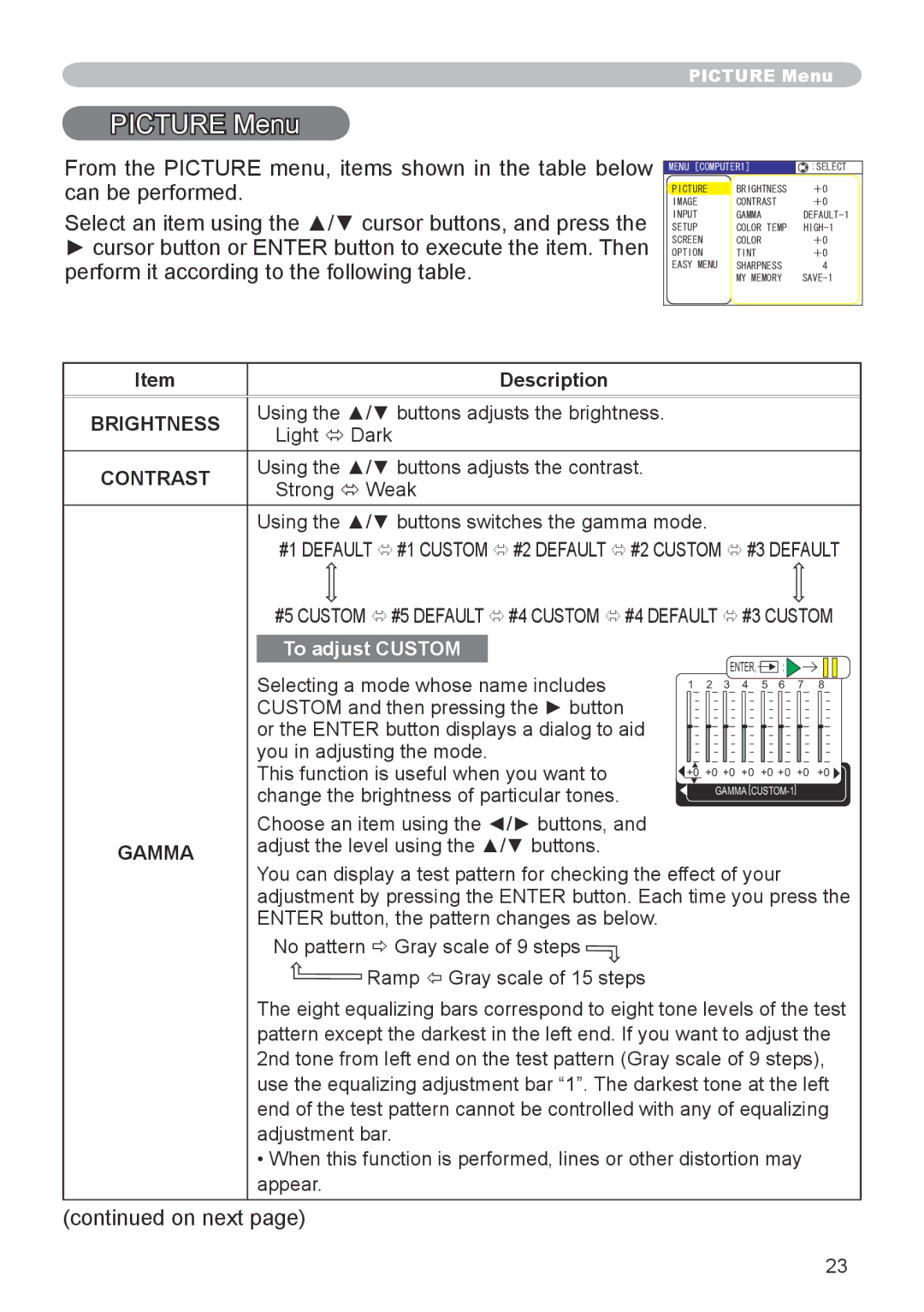 3M X20 manual Picture Menu, Gamma 