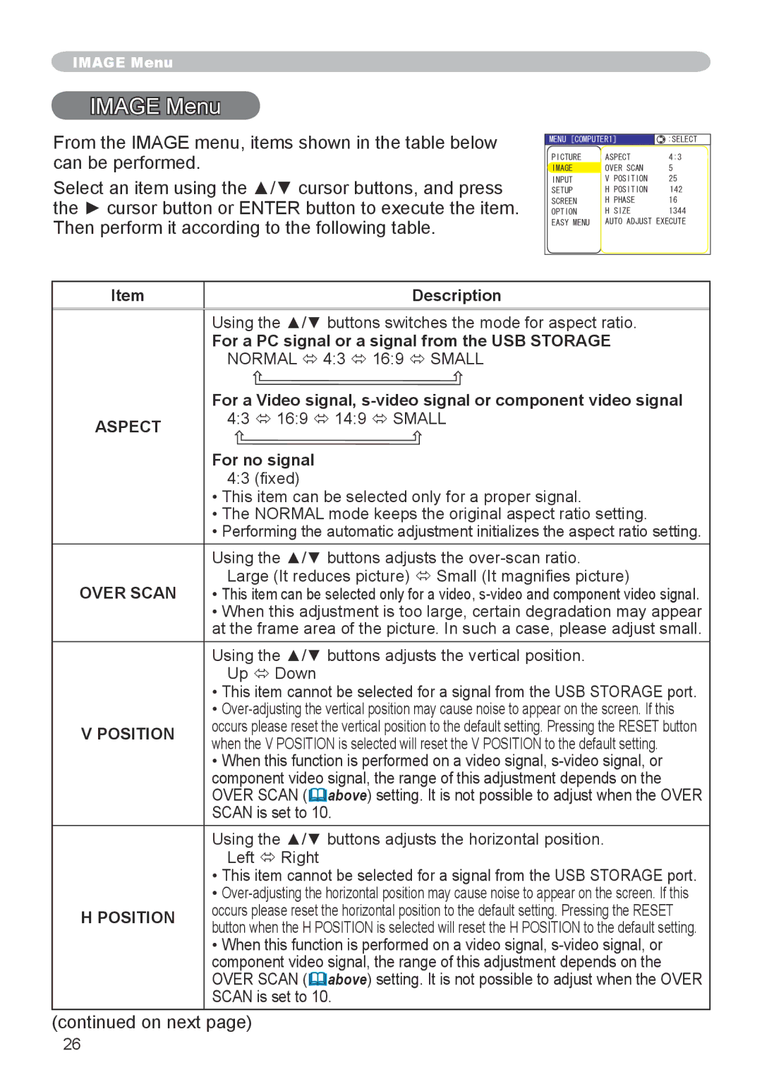 3M X20 manual Image Menu, Over Scan, Position 