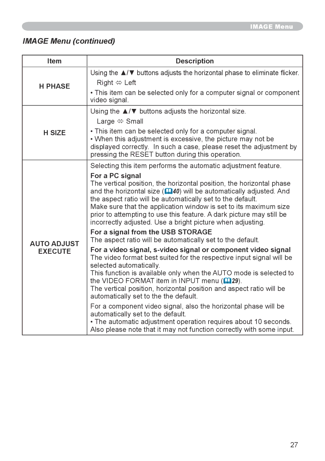 3M X20 manual Image Menu, Phase, Size, Auto Adjust 