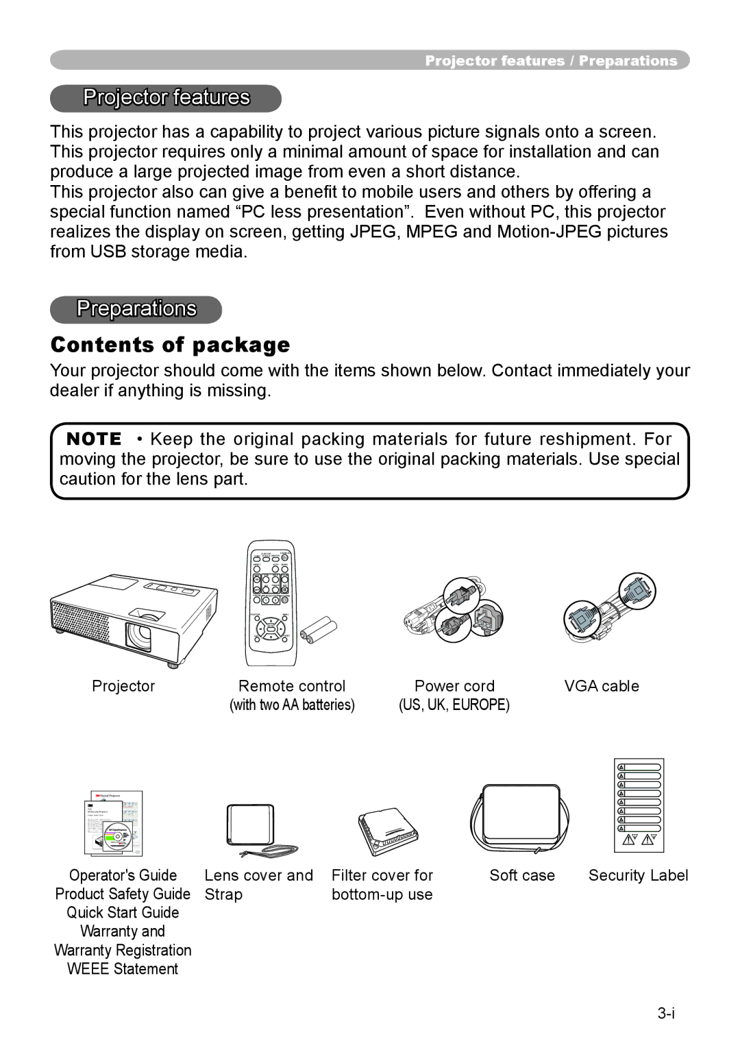 3M X20 manual Contents of package 