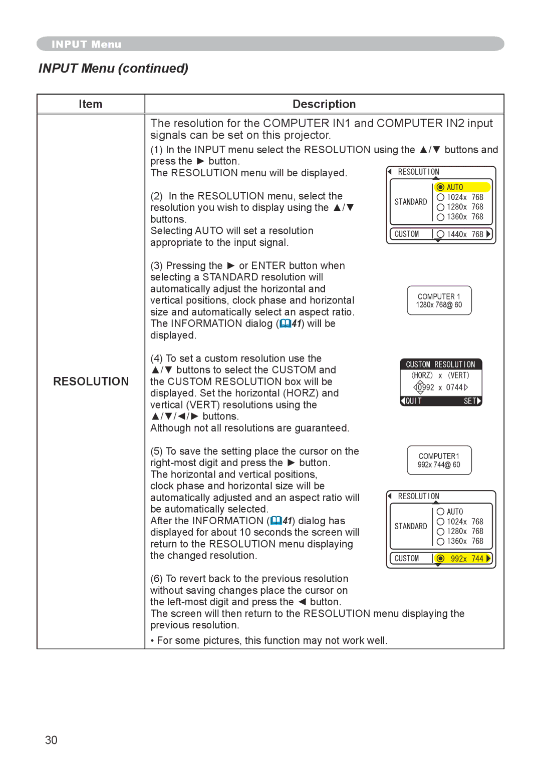 3M X20 manual Resolution menu will be displayed 