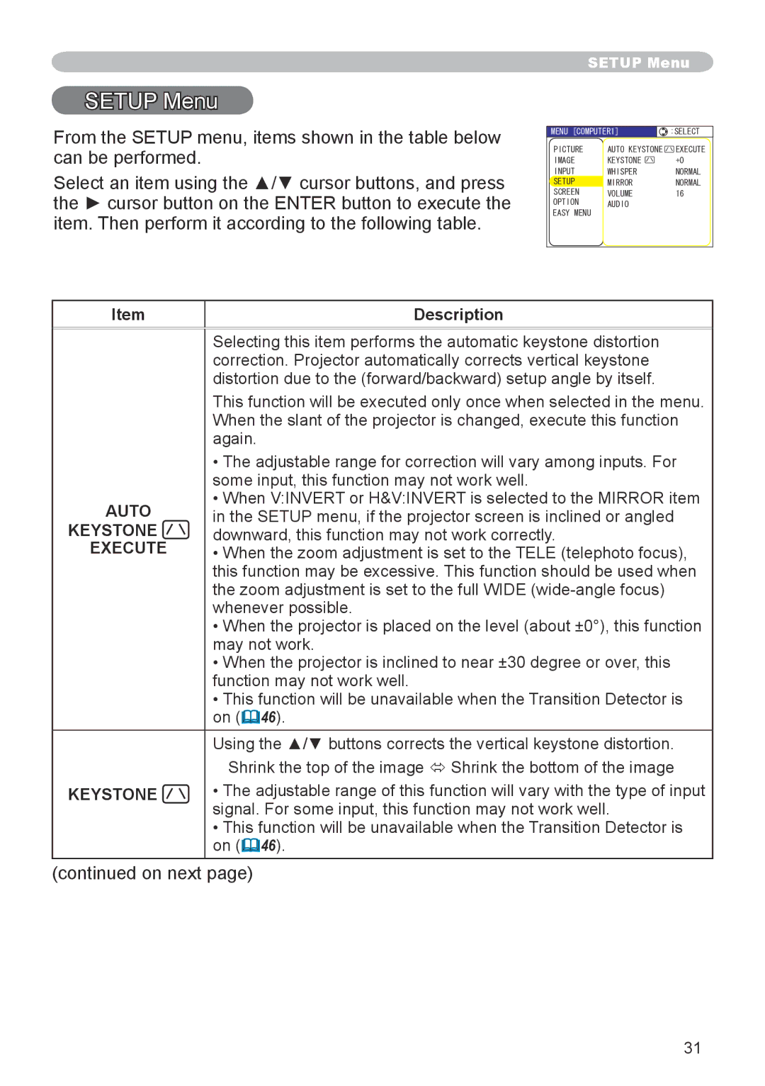 3M X20 manual Setup Menu 