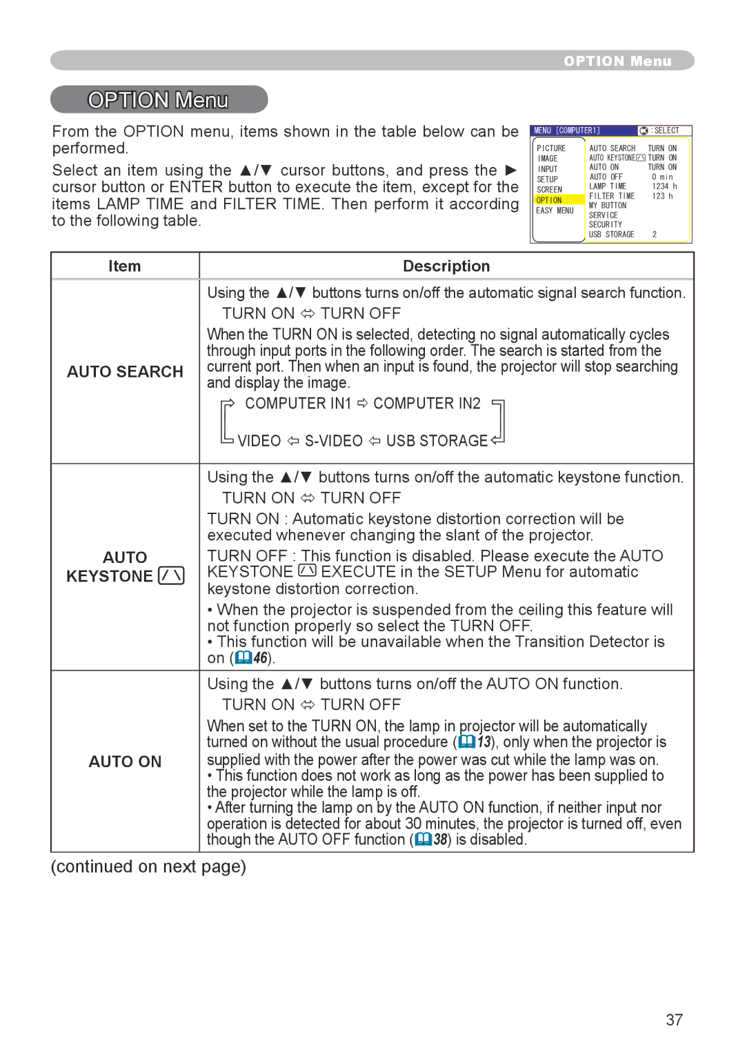 3M X20 manual Option Menu, Auto Search, Auto on 