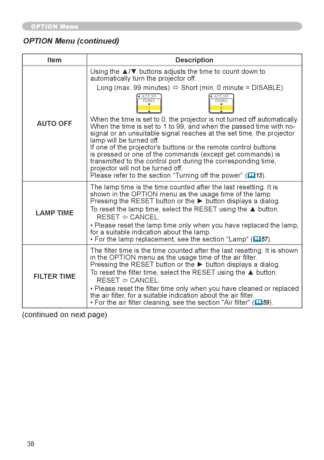 3M X20 manual Option Menu, Auto OFF, Lamp Time 