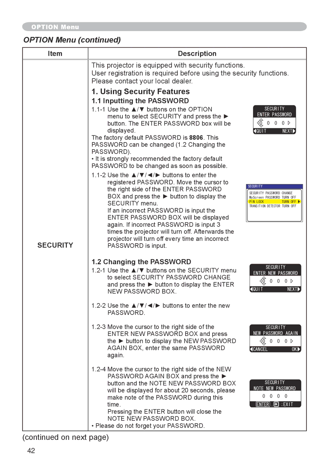 3M X20 manual Using Security Features, Inputting the Password, Changing the Password 