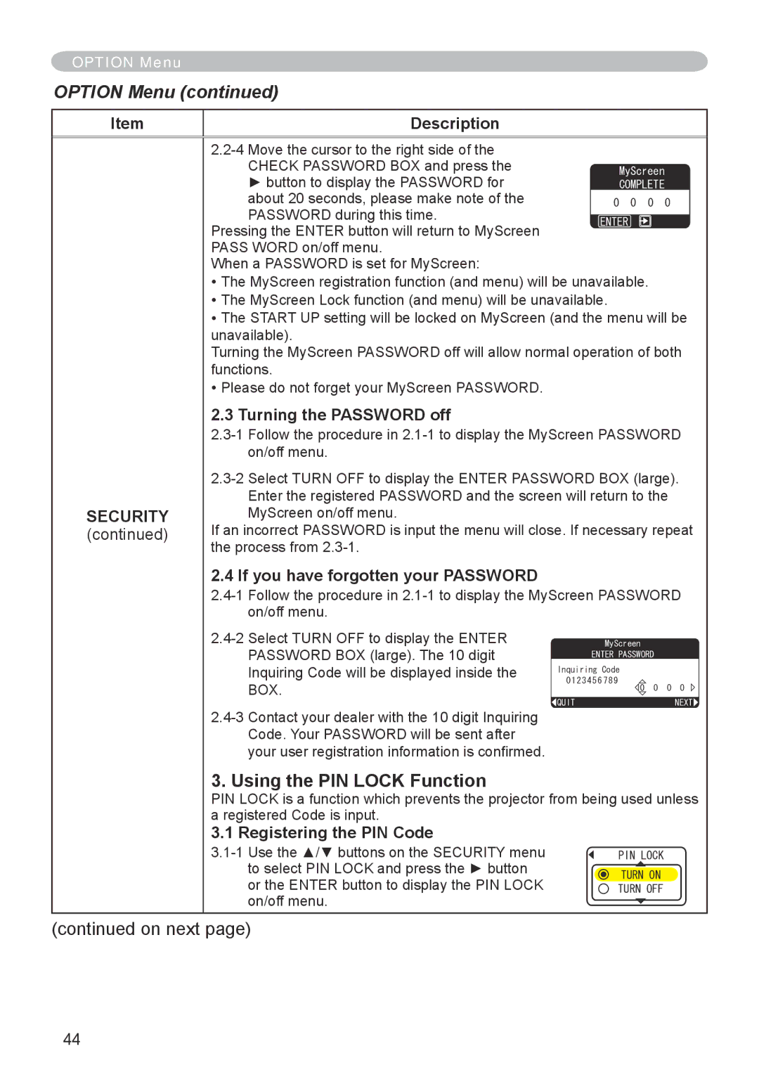 3M X20 manual Using the PIN Lock Function, Security, Turning the Password off, Registering the PIN Code 