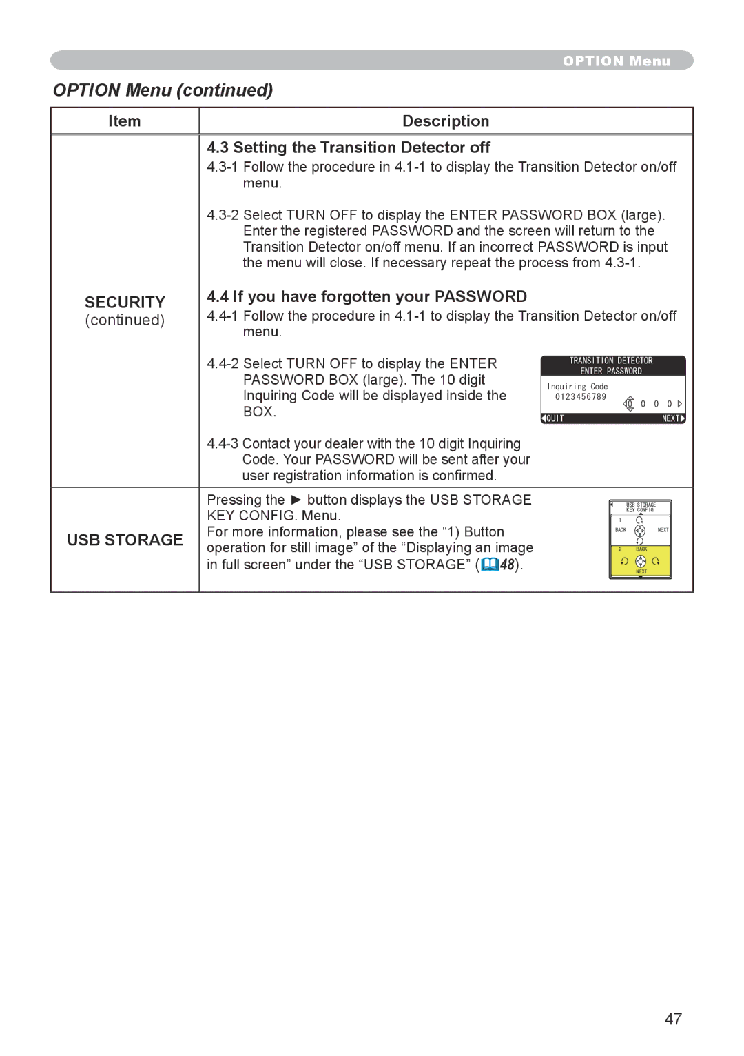 3M X20 manual Setting the Transition Detector off, USB Storage 