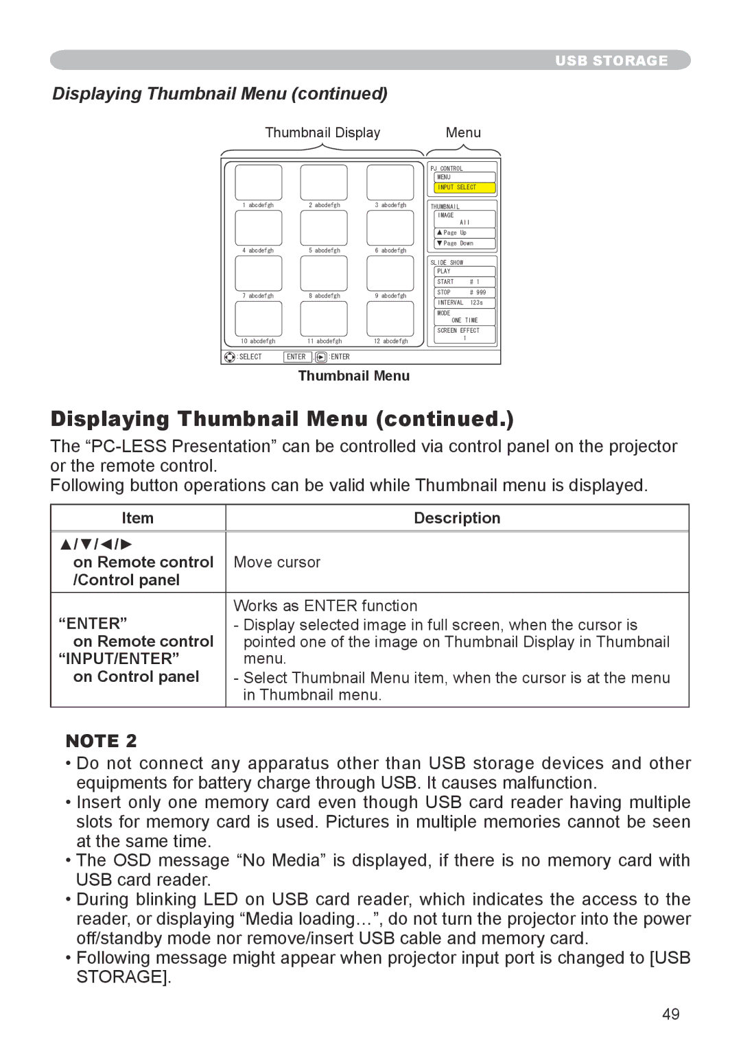 3M X20 manual Displaying Thumbnail Menu, Input/Enter 