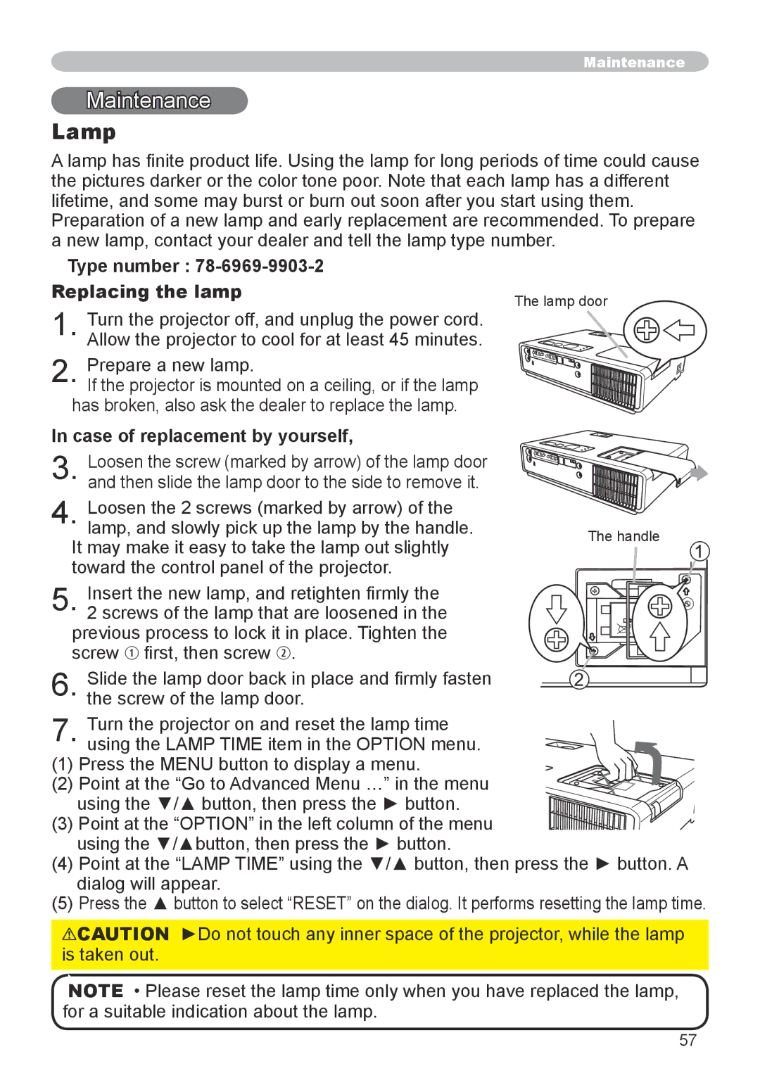 3M X20 manual Maintenance, Lamp, Type number Replacing the lamp, Case of replacement by yourself 