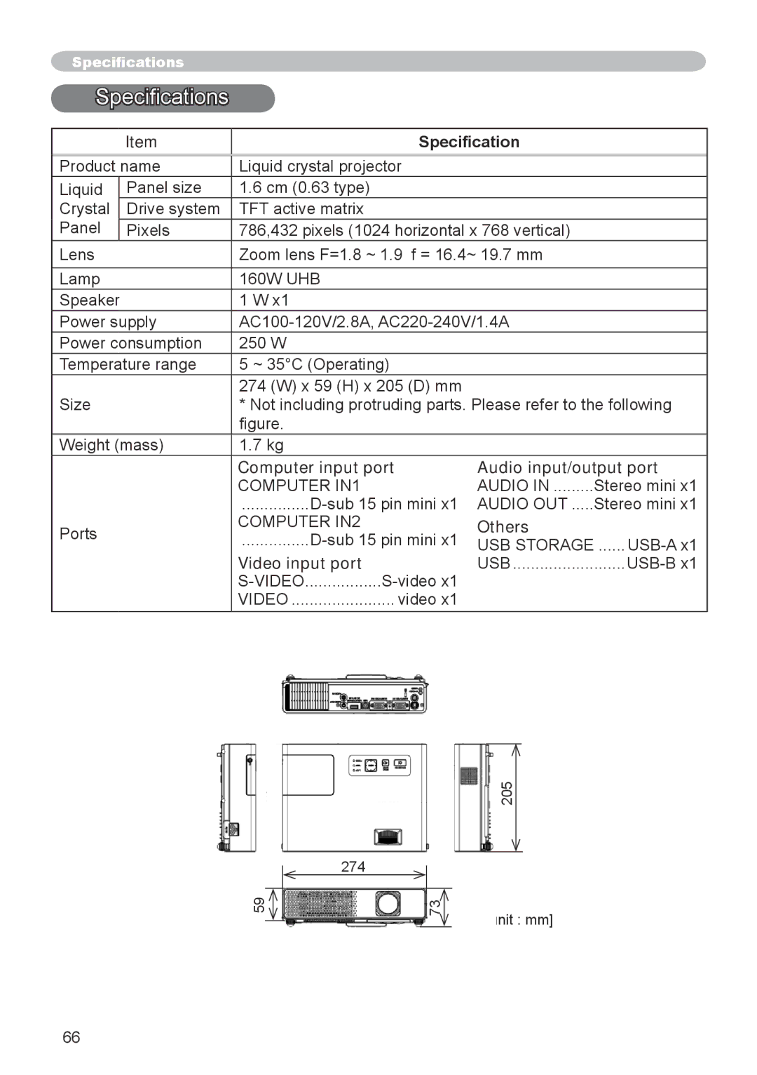 3M X20 manual Specifications, Computer input port Audio input/output port, Others, Video input port 