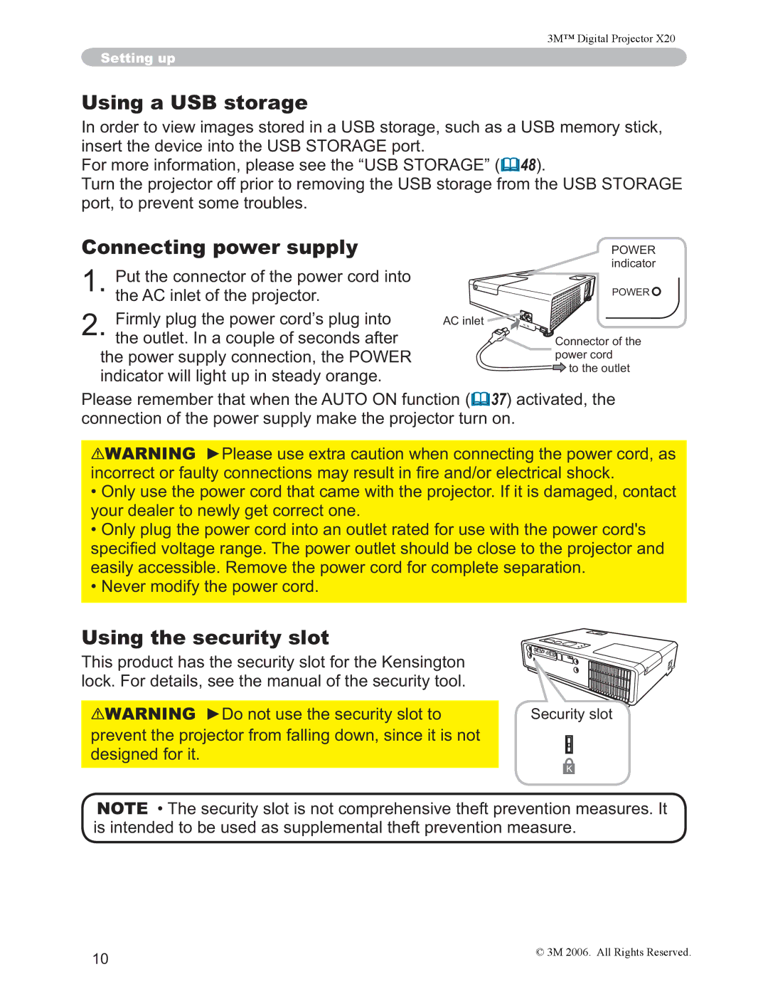 3M X20 manual Using a USB storage, Connecting power supply, Using the security slot, ‡1HYHUPRGLI\WKHSRZHUFRUG 