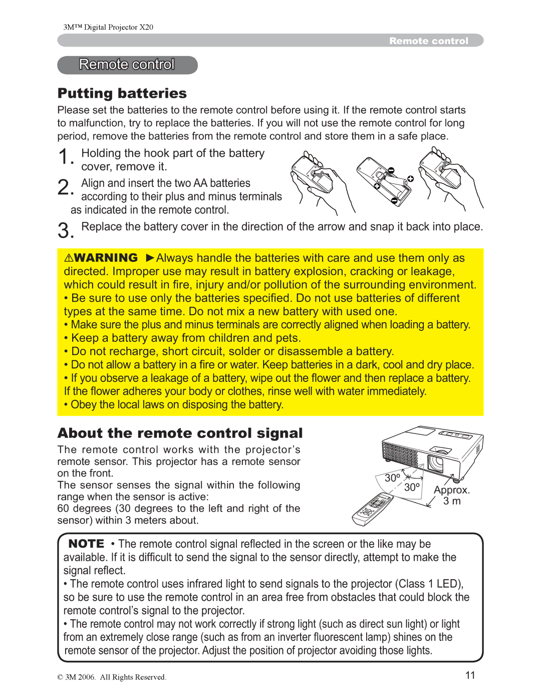 3M X20 Putting batteries, About the remote control signal, ‡2EH\WKHORFDOODZVRQGLVSRVLQJWKHEDWWHU\, VljqdoUhàhfw 