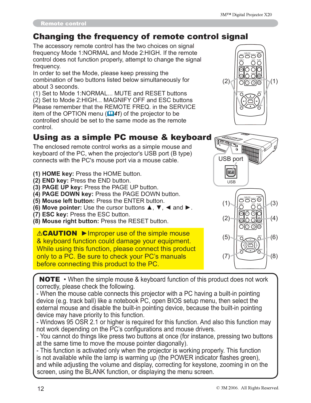 3M X20 manual Changing the frequency of remote control signal, Using as a simple PC mouse & keyboard 