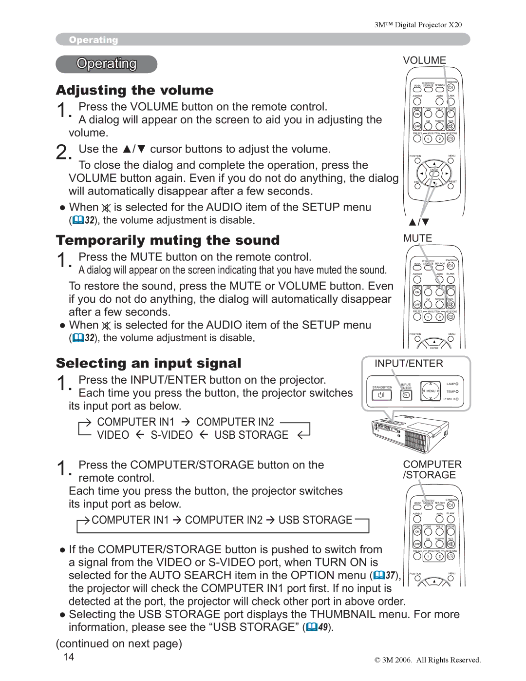 3M X20 manual Adjusting the volume, Temporarily muting the sound, Selecting an input signal 