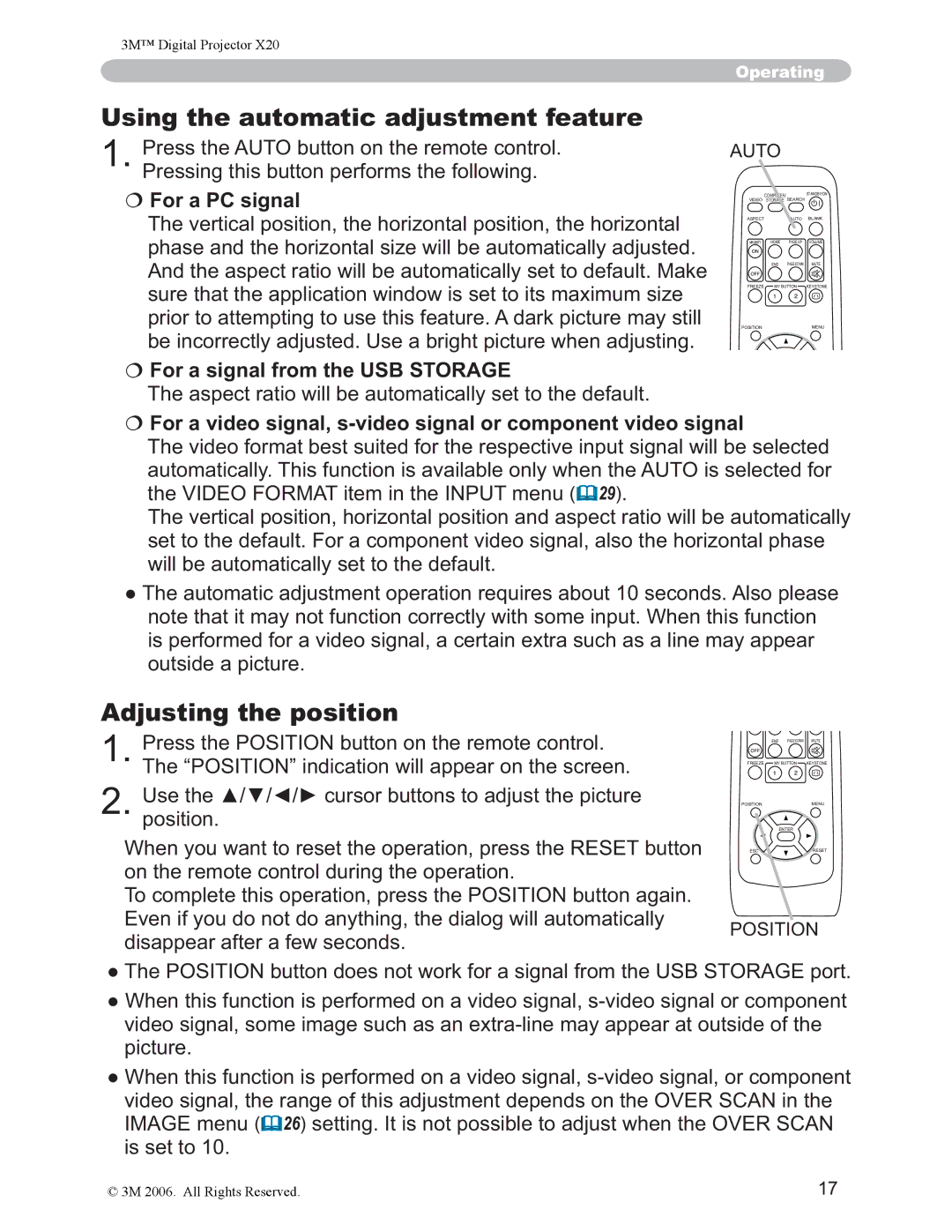 3M X20 manual Using the automatic adjustment feature, Adjusting the position, € For a PC signal 