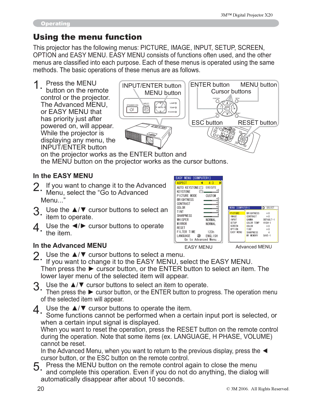 3M X20 manual Using the menu function, Advanced Menu, OrzhuOd\HuPhqxRiWkhVhohfwhgLwhpZlooDsshdu, FdqqrwEhUhvhw 