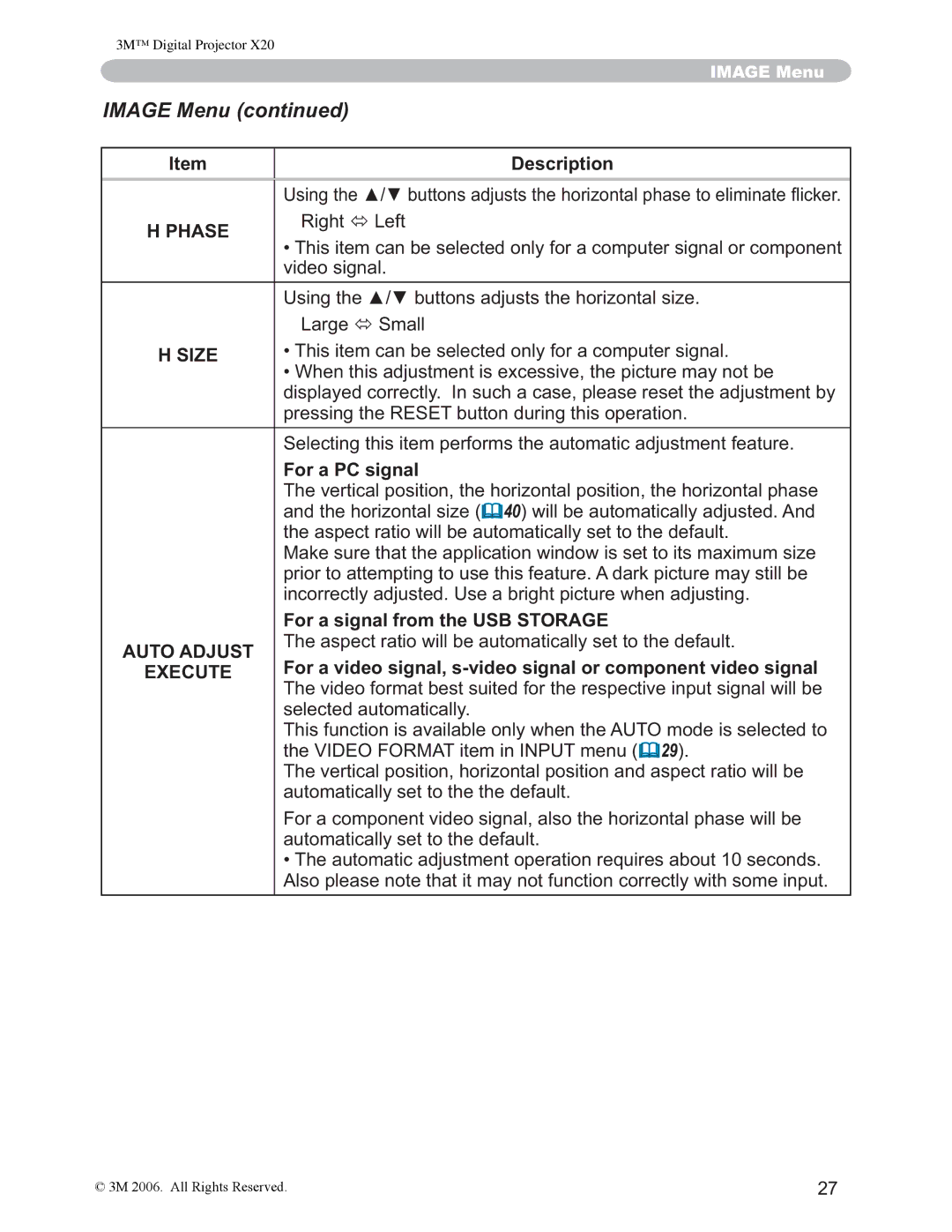 3M X20 manual Image Menu, Size, For a PC signal, For a signal from the USB Storage 