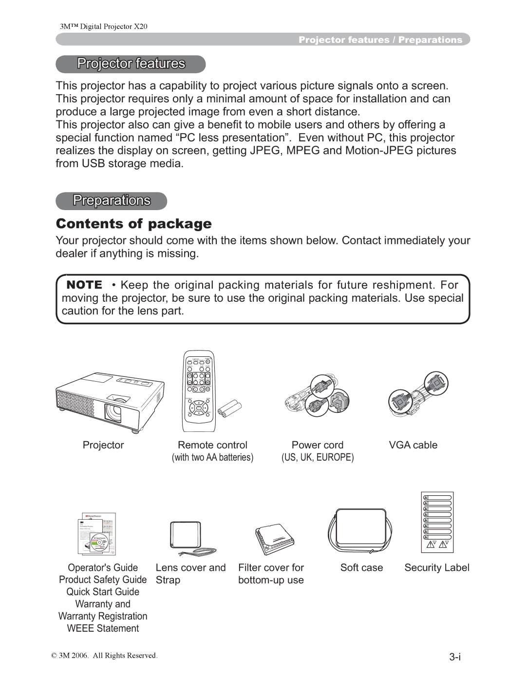 3M X20 manual Contents of package 