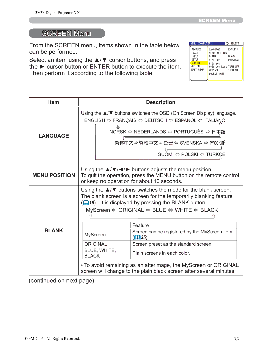 3M X20 510HQX, Menu Position, RuNhhsQrRshudwlrqIruDerxwVhfrqgv, 6FUHHQÙ25,*,1$/Ù %/8Ù+,7Ù%/$, Blank 