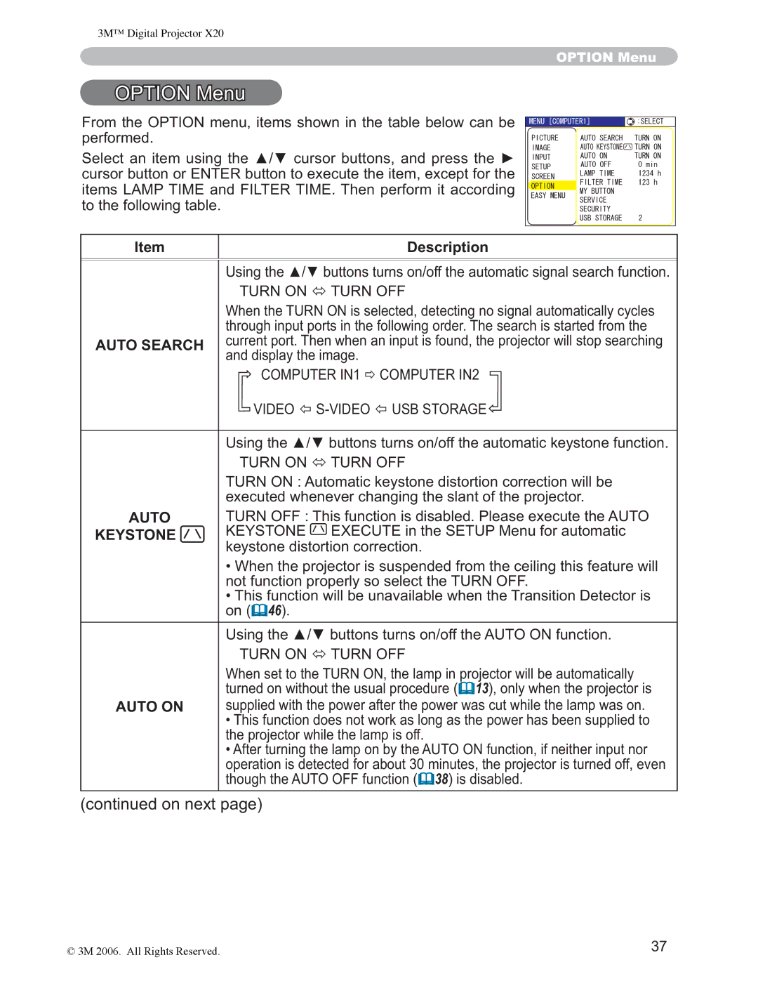 3M X20 manual 237,210HQX, Auto Search, Auto on 