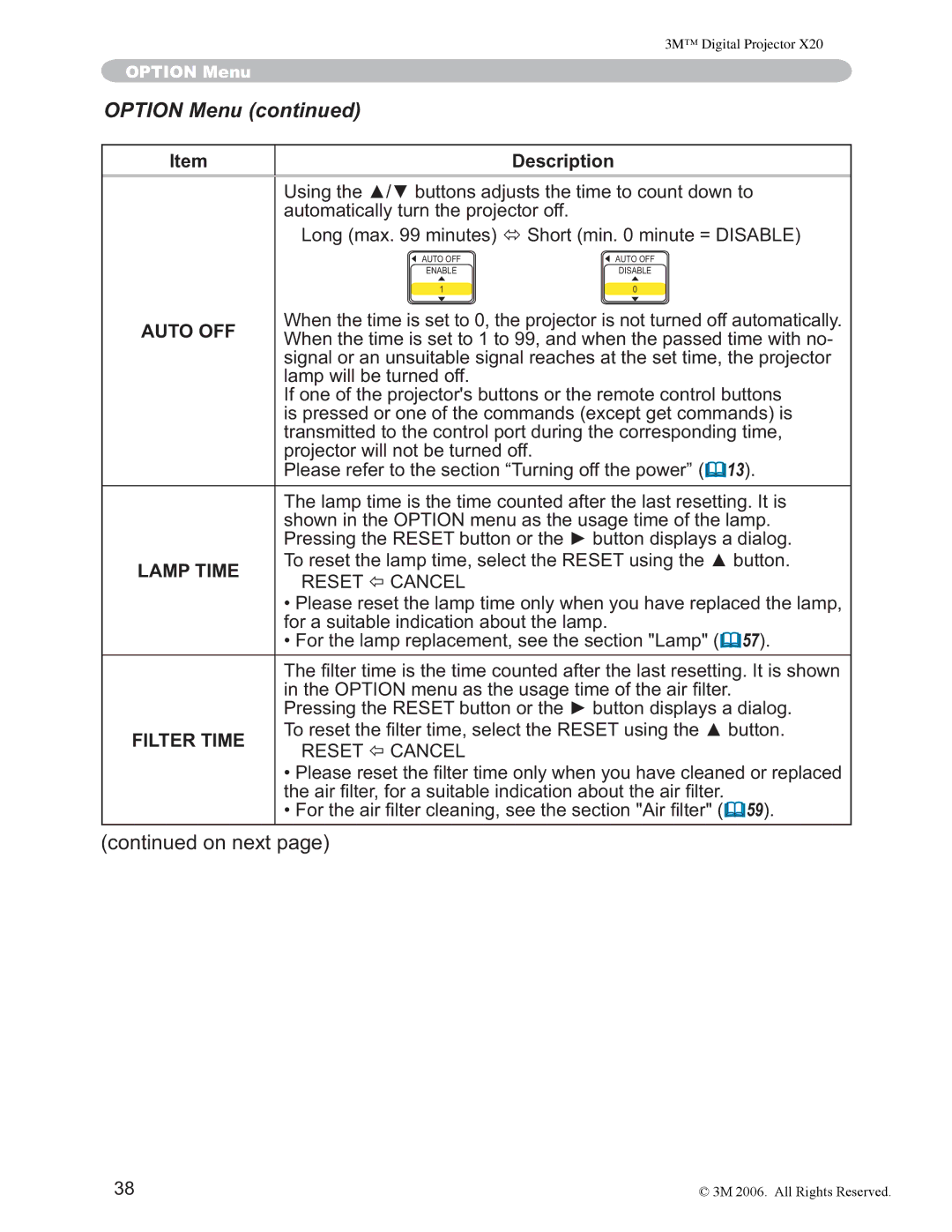 3M X20 manual Option Menu, Auto OFF, OdpsZlooEhWxuqhgRii, Lamp Time 