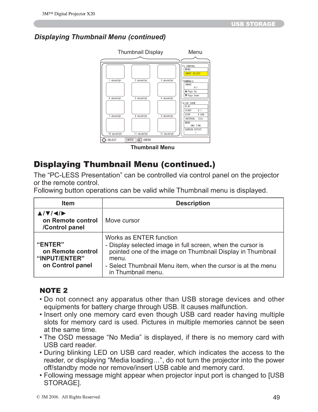 3M X20 manual Displaying Thumbnail Menu, RuWkhUhprwhFrqwuro, 86%FDUGUHDGHU 