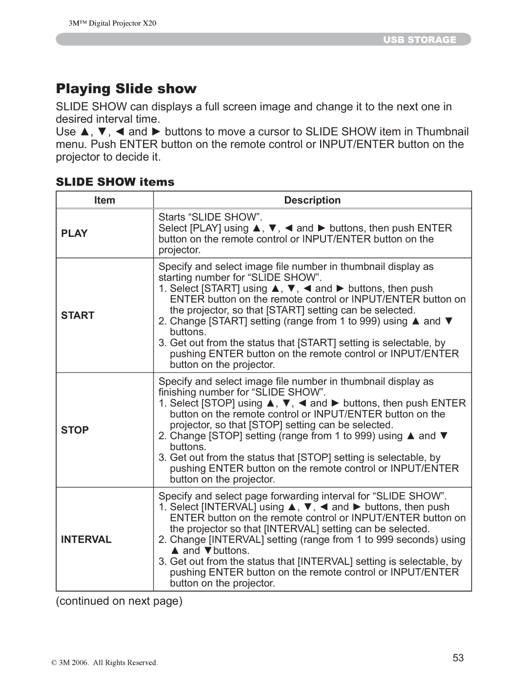 3M X20 manual Playing Slide show, GhvluhgLqwhuydoWlph, SurmhfwruWrGhflghLw, Slide Show items 