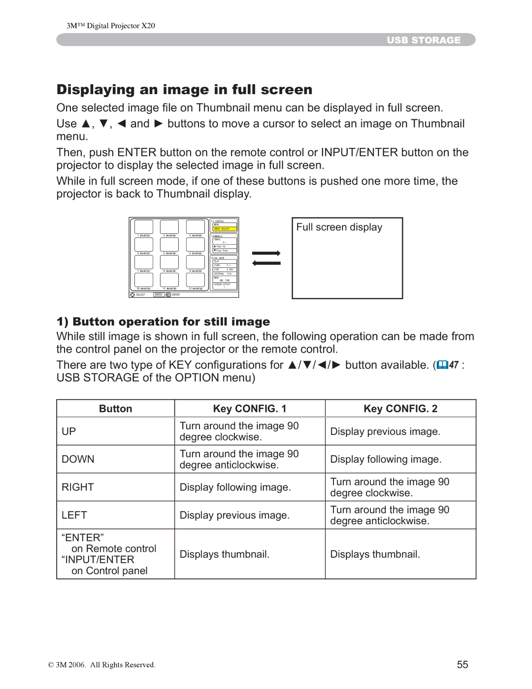 3M X20 manual Displaying an image in full screen, Phqx, SurmhfwruWrGlvsod\WkhVhohfwhgLpdjhLqIxooVfuhhq 