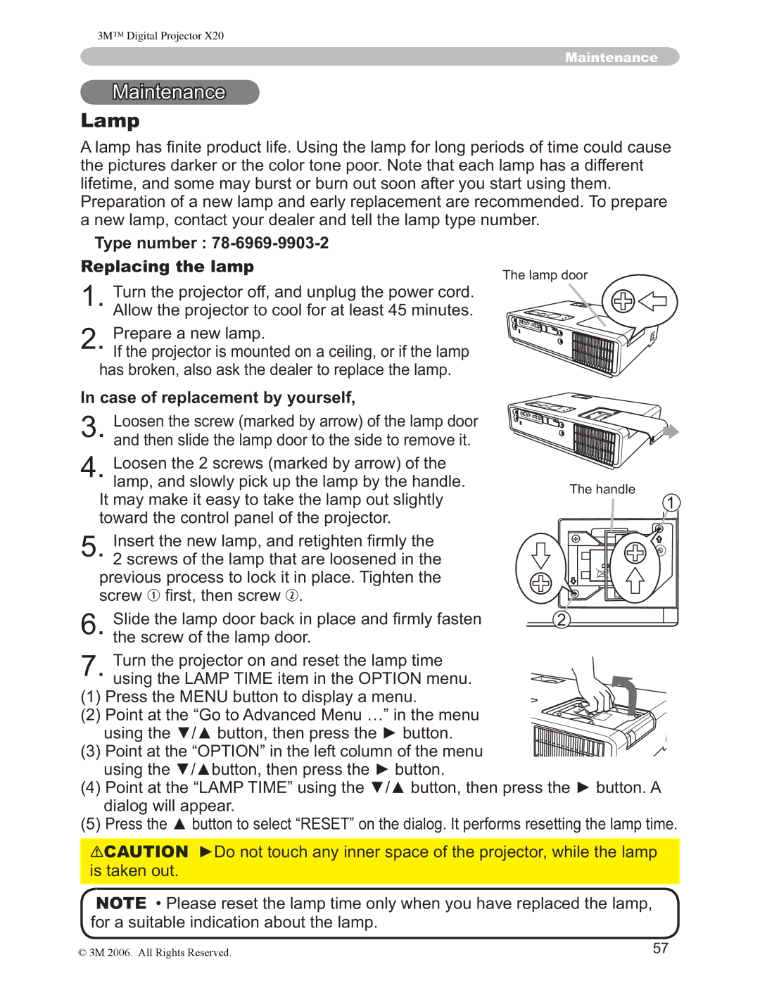 3M X20 manual Lamp, Type number Replacing the lamp, Case of replacement by yourself 