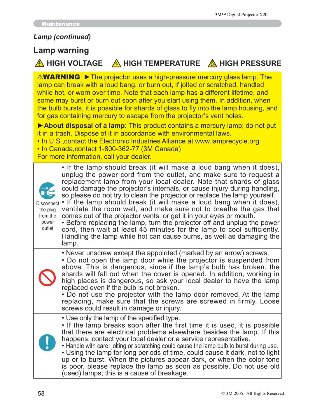 3M X20 manual Lamp warning 