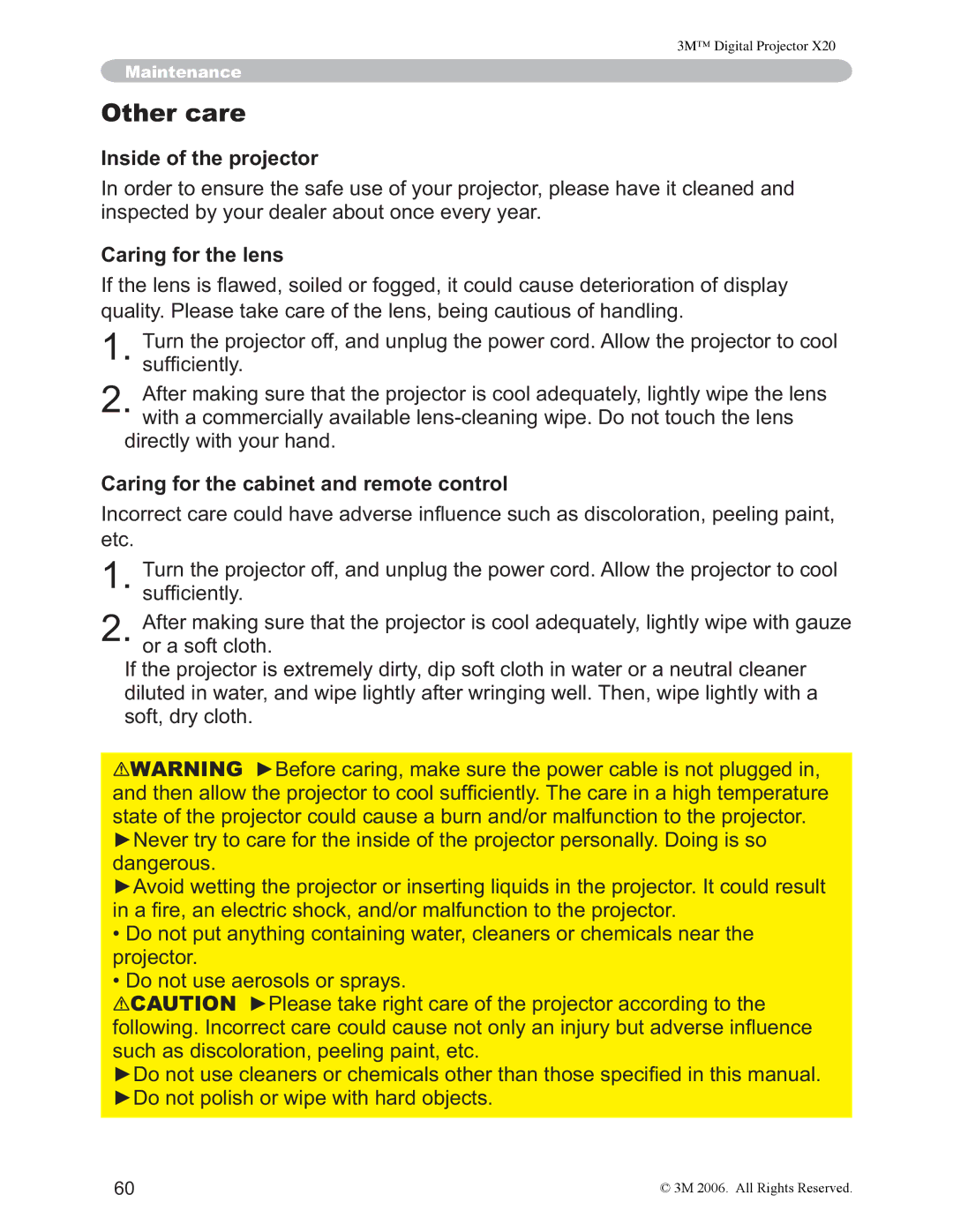 3M X20 manual Other care, Inside of the projector, Caring for the lens, Caring for the cabinet and remote control 