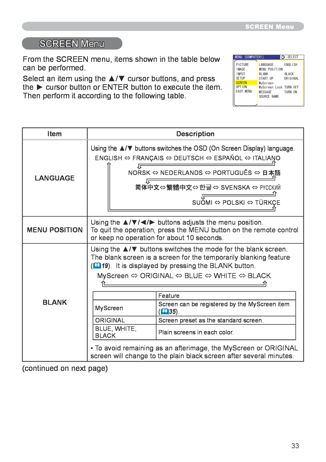 3M X20 manual SCREEN Menu, Description, Language, Blank 