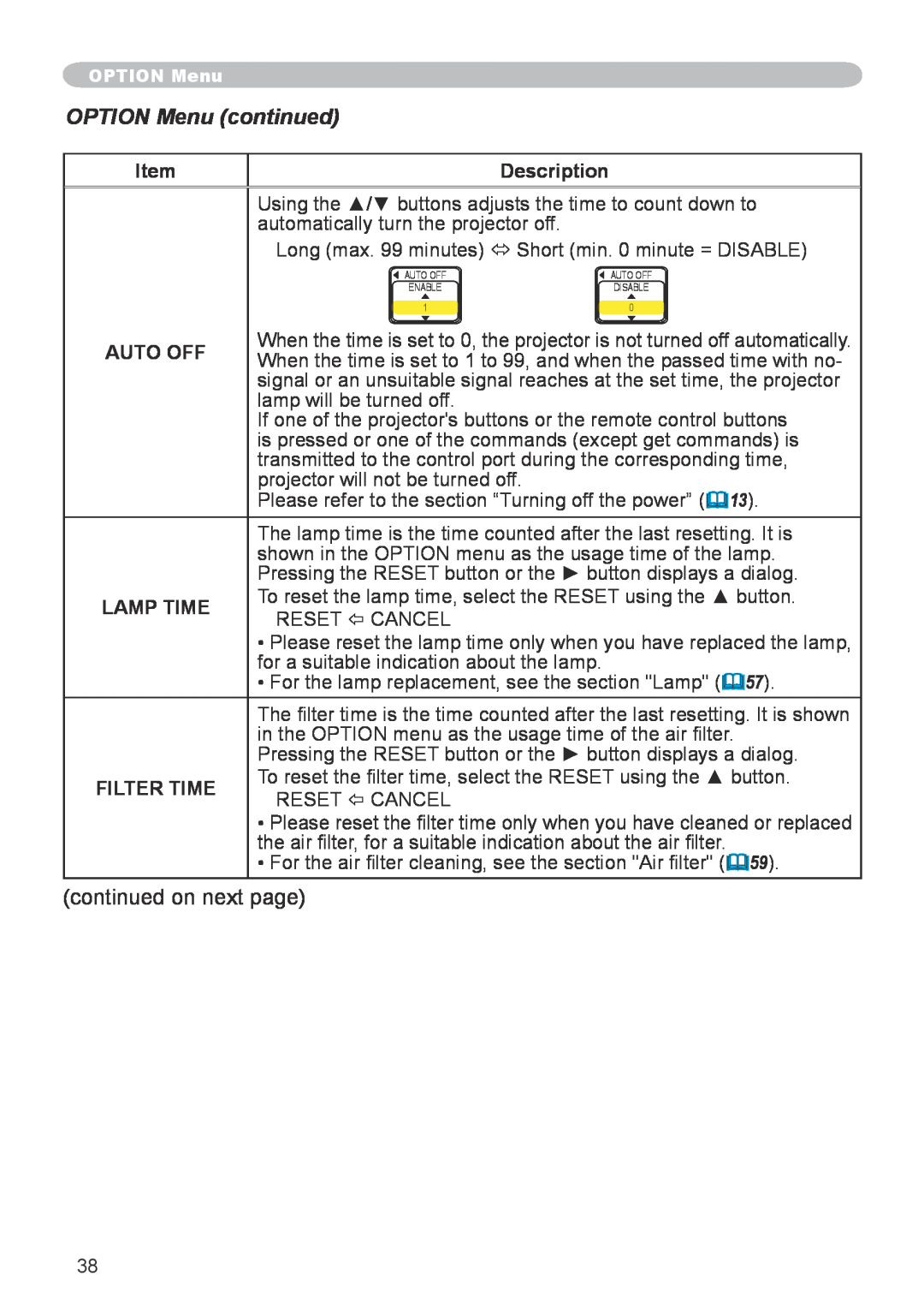 3M X20 manual OPTION Menu continued, Description, Auto Off, Lamp Time, Filter Time 