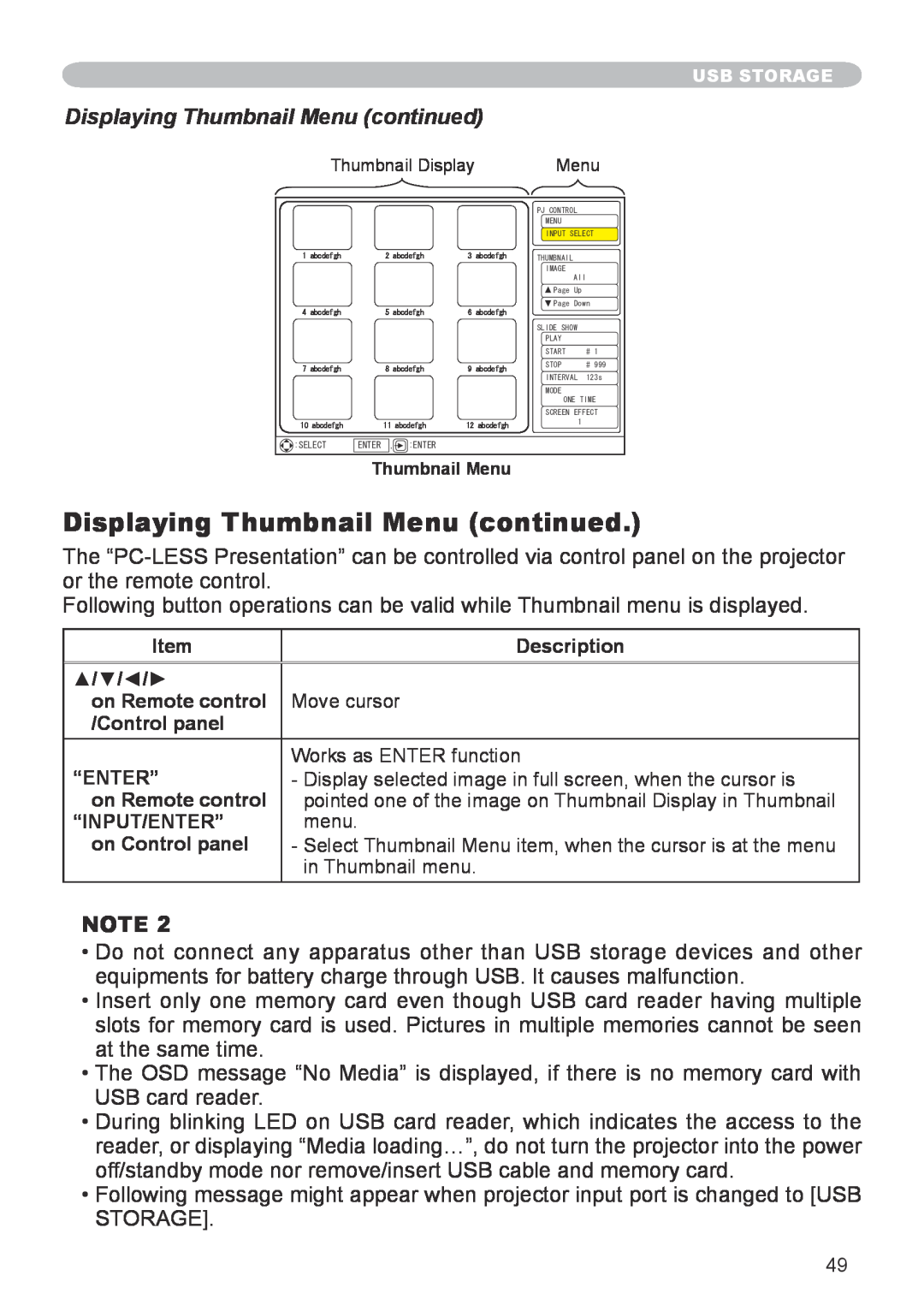 3M X20 manual Displaying Thumbnail Menu continued 