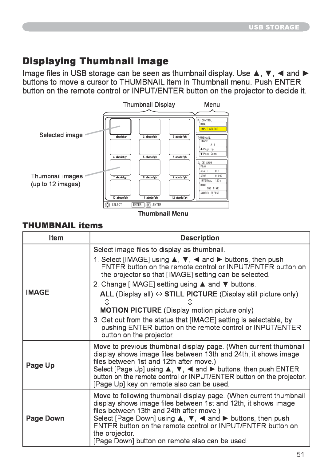3M X20 manual Displaying Thumbnail image, THUMBNAIL items, Description, Image, Page Up, Page Down 