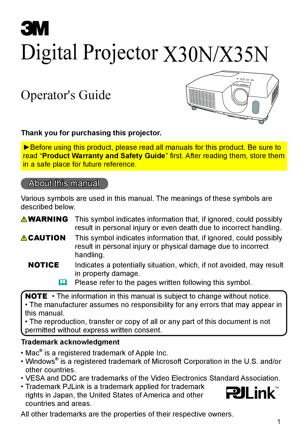 3M X35N warranty About this manual, Thank you for purchasing this projector, Trademark acknowledgment, Operators Guide 