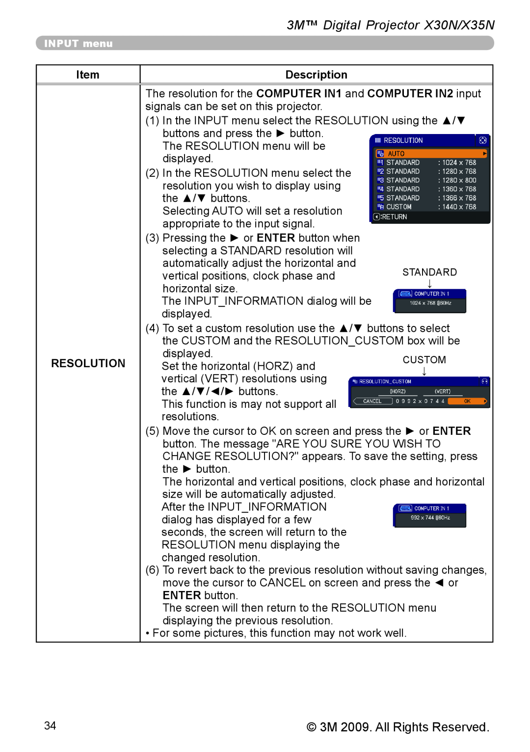 3M warranty 3M Digital Projector X30N/X35N, Item, Description, Resolution 