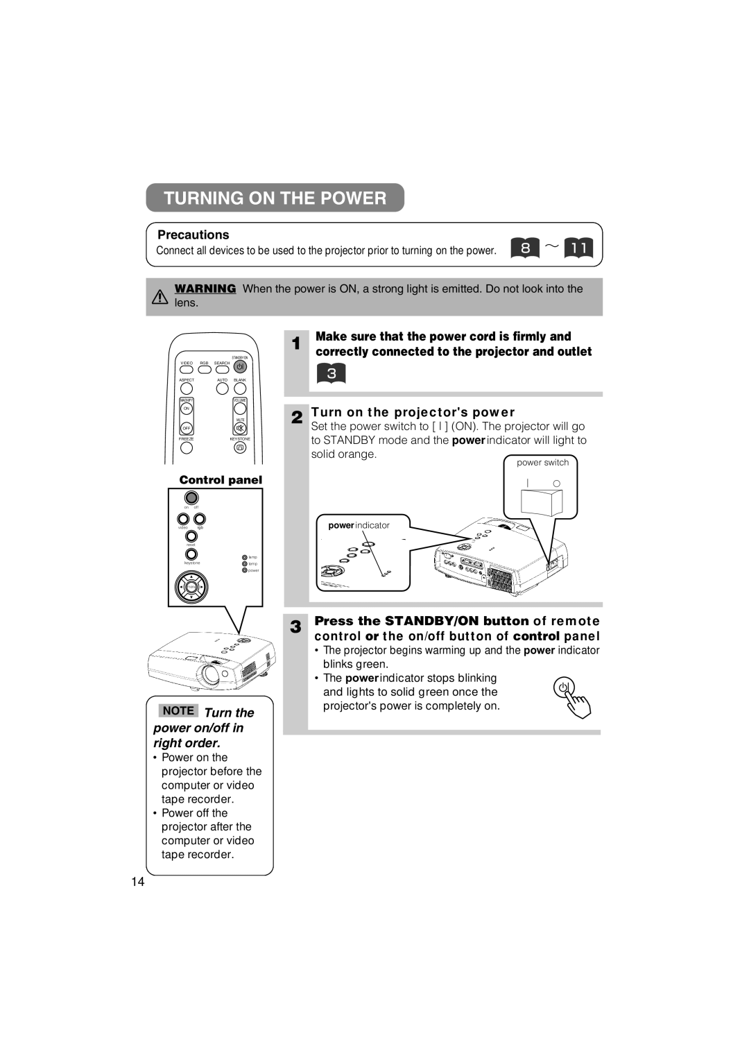 3M S40, X40 manual Turning on the Power, Precautions, Make sure that the power cord is firmly, Turn on the projectors power 