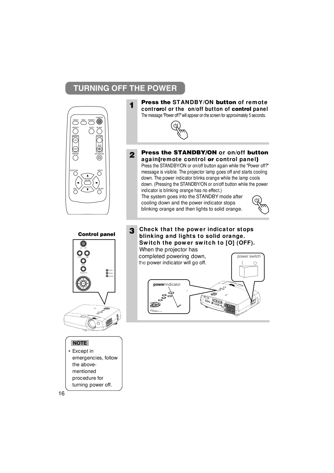 3M S40, X40 Turning OFF the Power, Press the STANDBY/ON button of remote, Controrol or the on/off button of control panel 