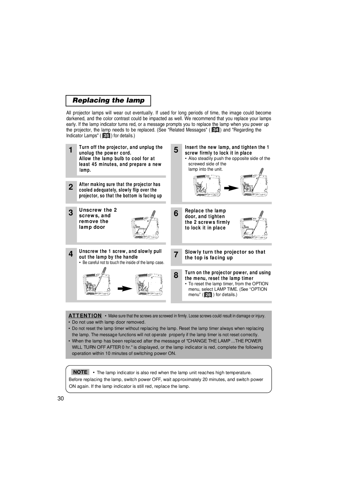 3M S40, X40 manual Replacing the lamp, Least 45 minutes, and prepare a new 