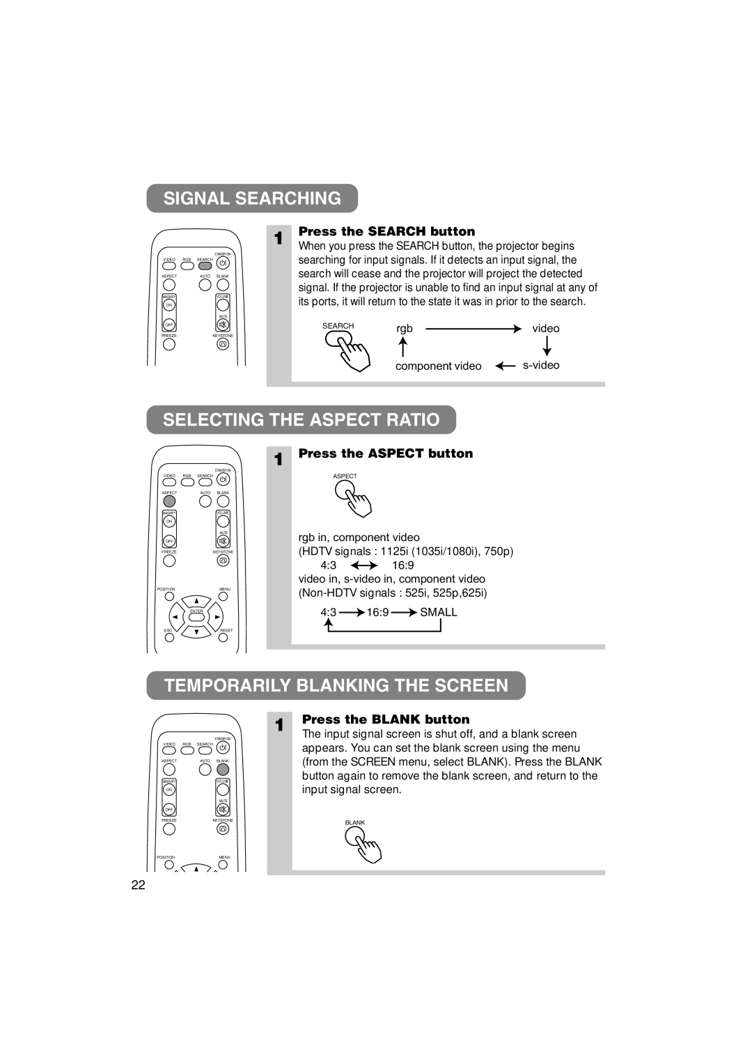 3M S40C, X40C manual Signal Searching, Selecting the Aspect Ratio, Temporarily Blanking the Screen 