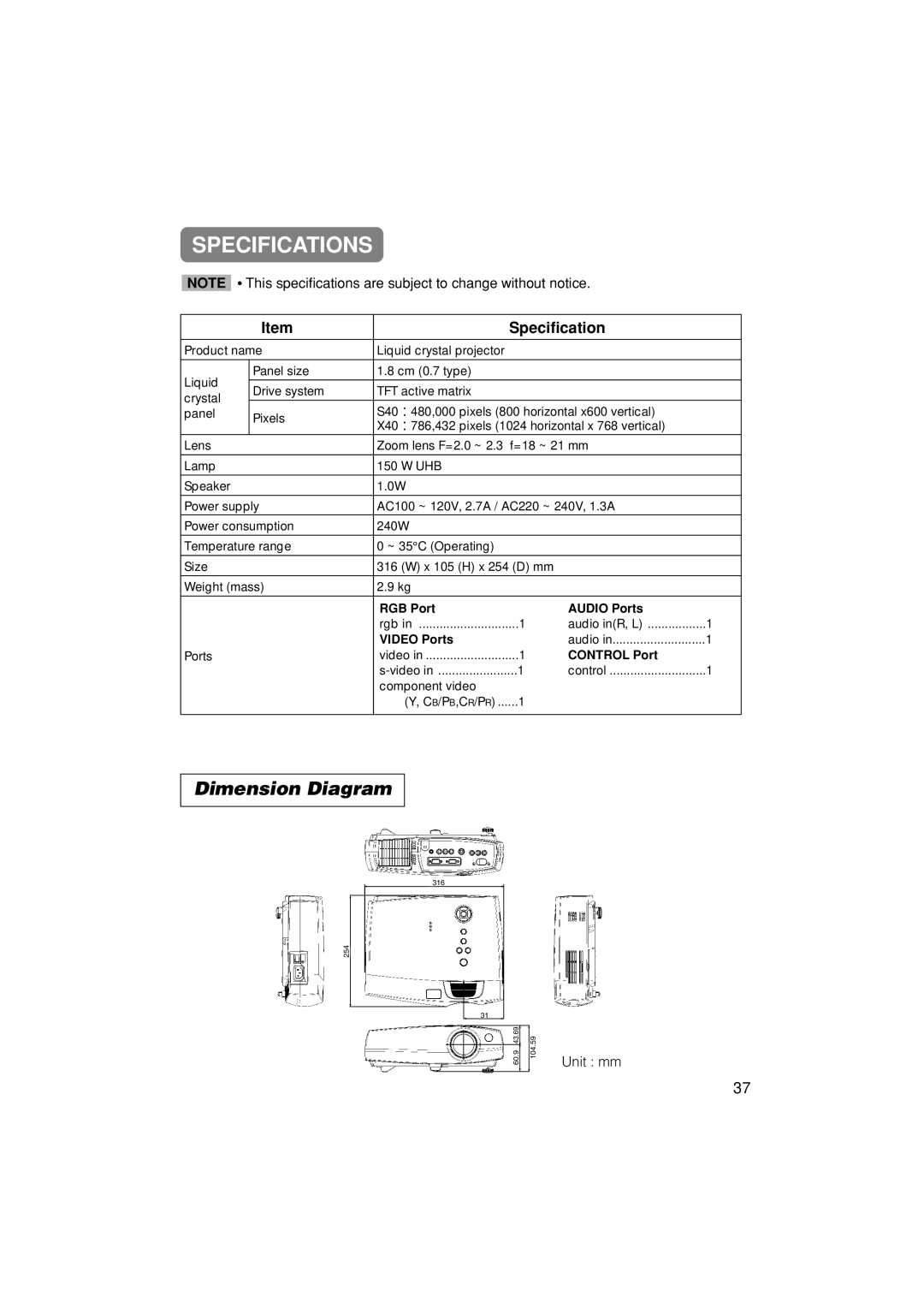 3M X40C, S40C manual Specifications, Dimension Diagram 